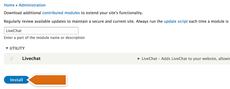 Choose LiveChat from the list of modules and click Install