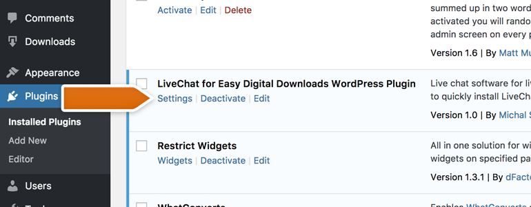 Go to Settings of LiveChat for Easy Digital Downloads plugin