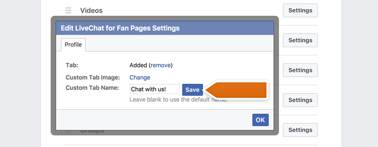 Choose and save a new name for your LiveChat tab Choose and save a new name for your LiveChat tab