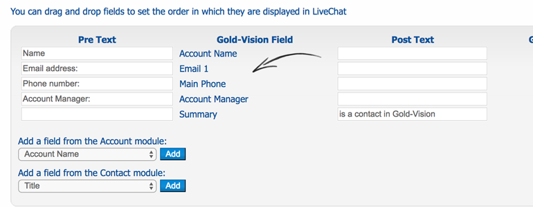 Set-up fields that you want to display in LiveChat