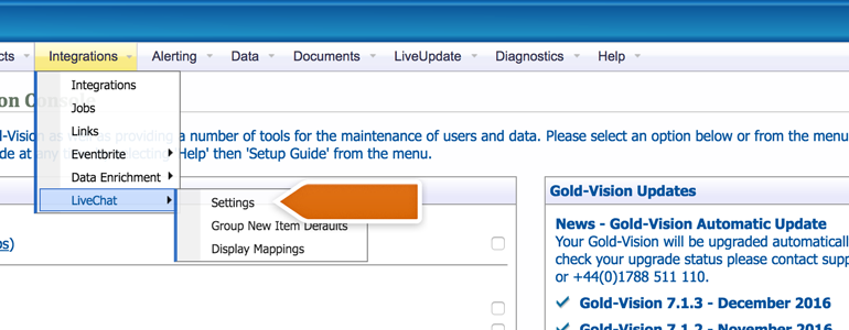 Enter LiveChat Settings in Gold-Vision Administration Console