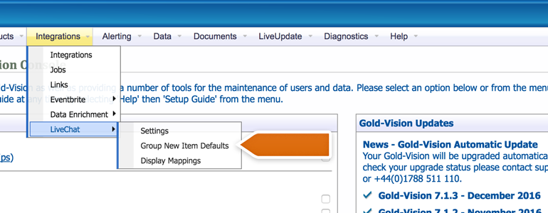 Go to LiveChat Group New Item Defaults available under Integrations in Gold-Vision Administration Console