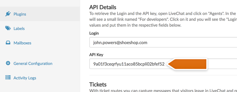 Provide your LiveChat login and API key