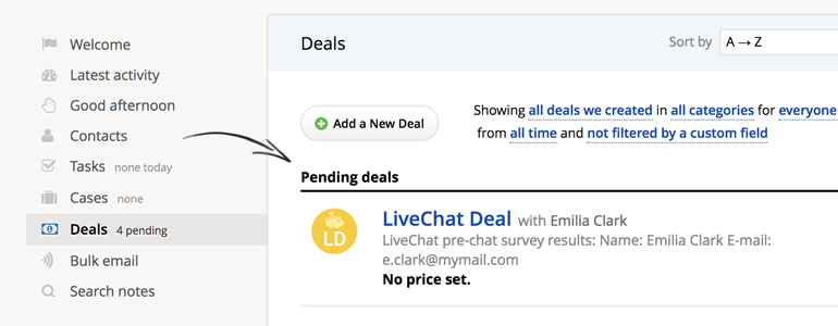 Highrise LiveChat: check your Deals and Transcripts in Highrise