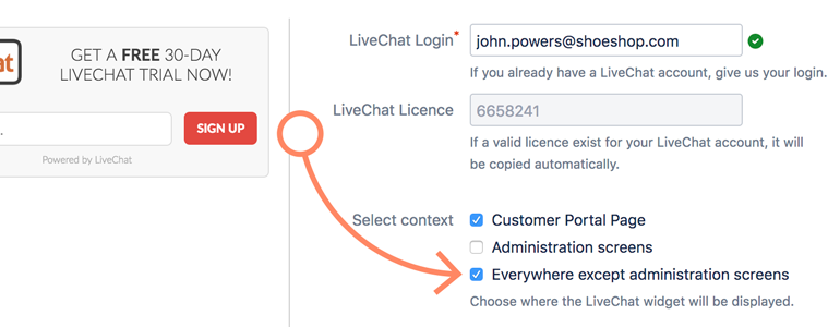 Jira: Choose where to display LiveChat widget in Jira