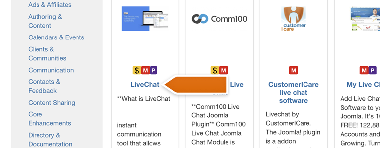 Joomla!: click on LiveChat card