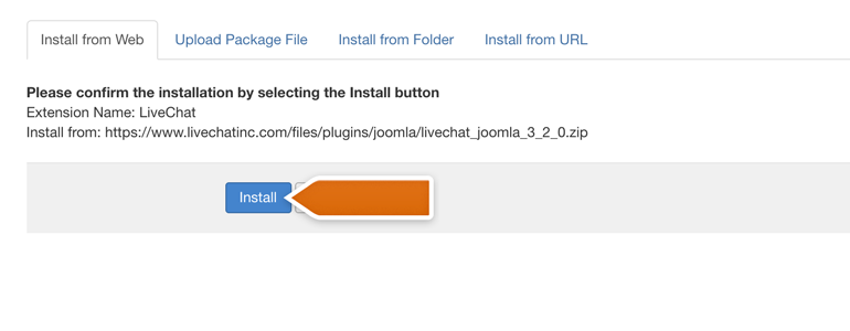 Joomla!: confirm the installation by clicking on Install button