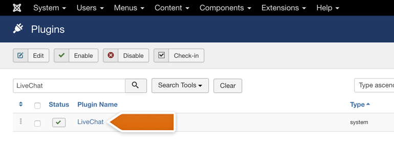Joomla!: choose LiveChat from the list of available plugins