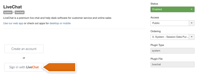 Joomla!: Click on Sign in with LiveChat