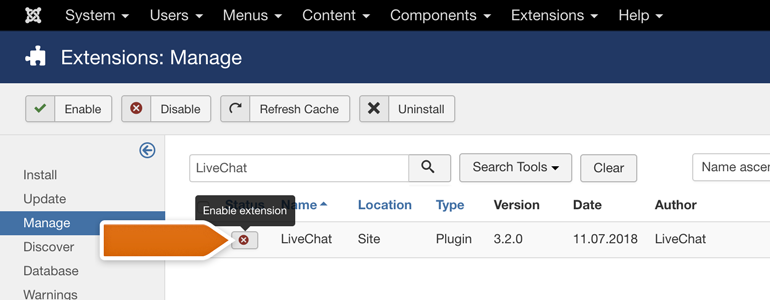 Joomla!: Look for LiveChat module and enable it