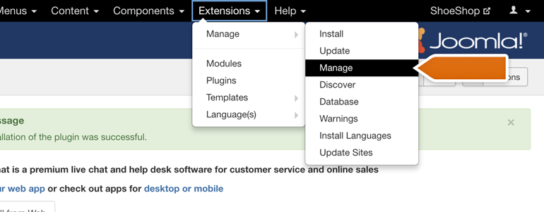 VirtueMart LiveChat: Go to manage section to configure your LiveChat plugin