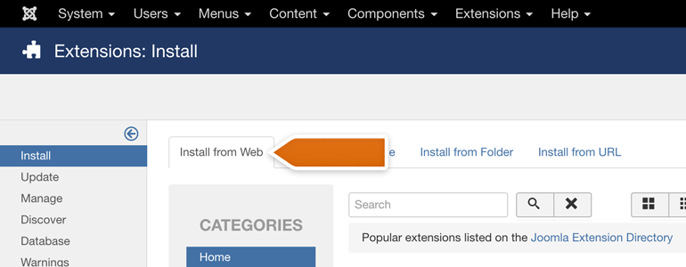 Joomla!: go to the Install from Web category