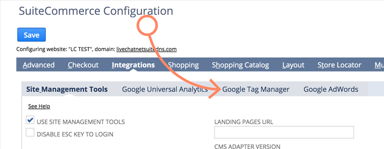 NetSuite LiveChat: Choose Google Tag Manager from the list of available Integrations