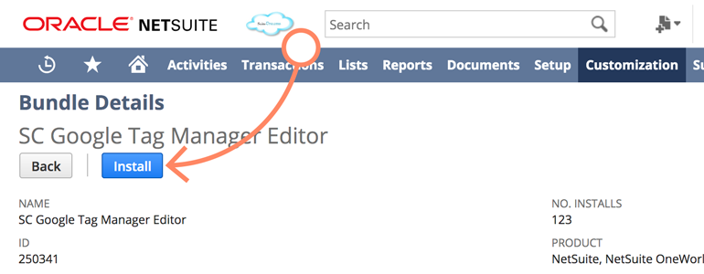 NetSuite LiveChat: Click on Install on Bundle&rsquo;s details screen