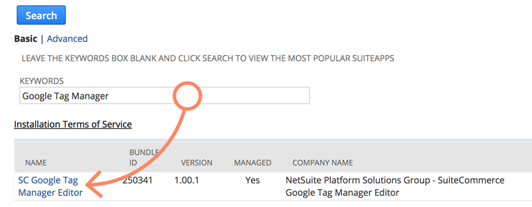 NetSuite LiveChat: Choose SC Google Tag Manager Editor from the list of bundles