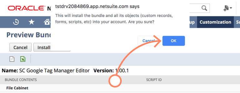 NetSuite LiveChat: Click on OK to finalize the process of installing SC Google Tag Manager