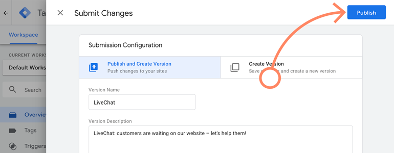 NetSuite LiveChat: Describe your changes and click on Publish