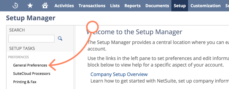 NetSuite LiveChat: Go to General Preferences in your Company menu