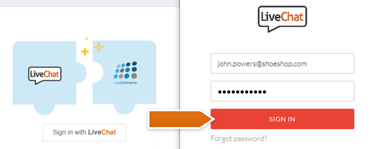 nopCommerce LiveChat: Use Sign in with LiveChat to link nopCommerce with your LiveChat