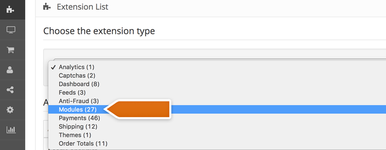 Choose Modules as the Extension Type