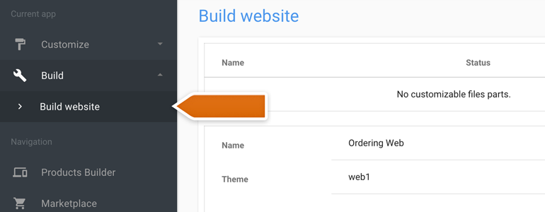 Ordering LiveChat: Go to the Build Website section of your Ordering Builder