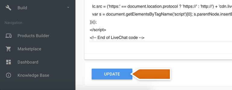 Ordering LiveChat: Click on Update to apply changes to the code