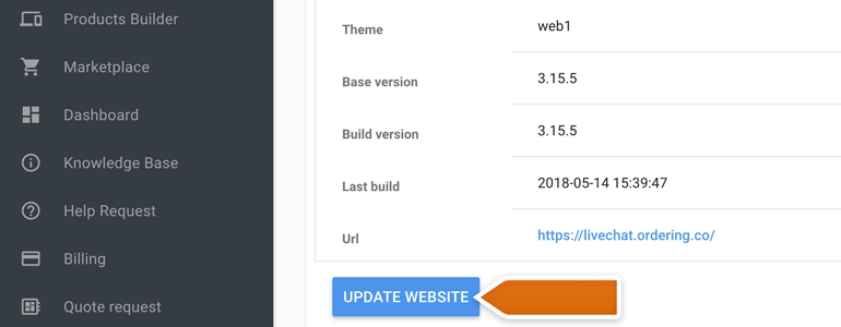 Ordering LiveChat: Click on the Update Website button