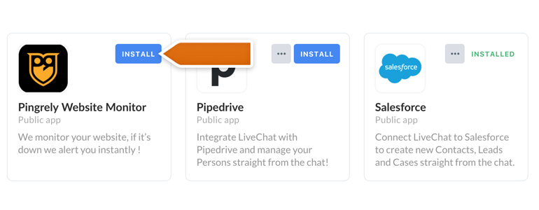 Pingrely LiveChat: Find your Pingrely app and click on Install to proceed