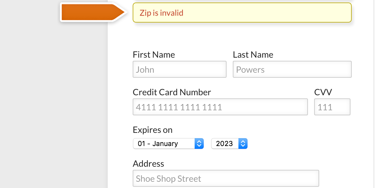 Invalid ZIP code message