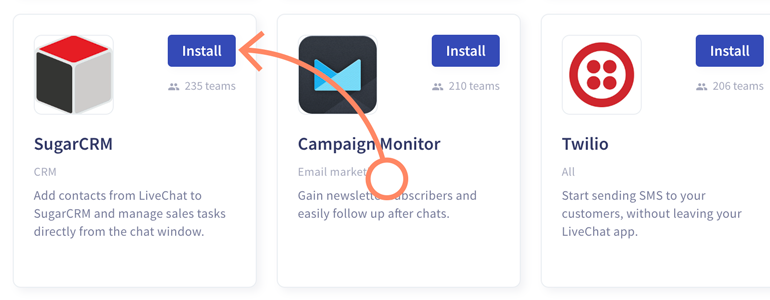 Install SugarCRM app, available on LiveChat Marketplace