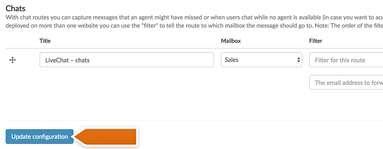 Configure your chats route and click on Update the configuration button. Helpmonks LiveChat is now ready!