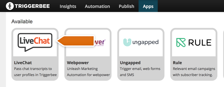 Choose LiveChat from the list of available integrations