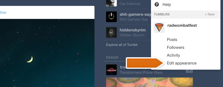 Tumblr chat: click on Edit appearance to proceed