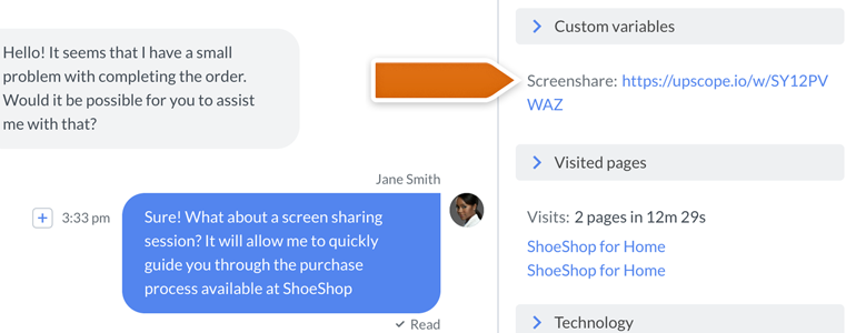 Start a screen sharing session by clicking on a link