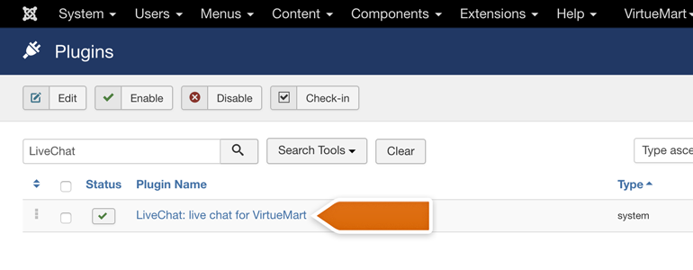 VirtueMart LiveChat: choose LiveChat from the list of available plugins