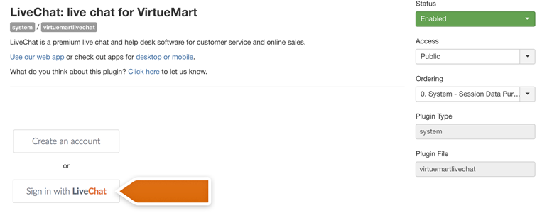 VirtueMart LiveChat: Click on Sign in with LiveChat