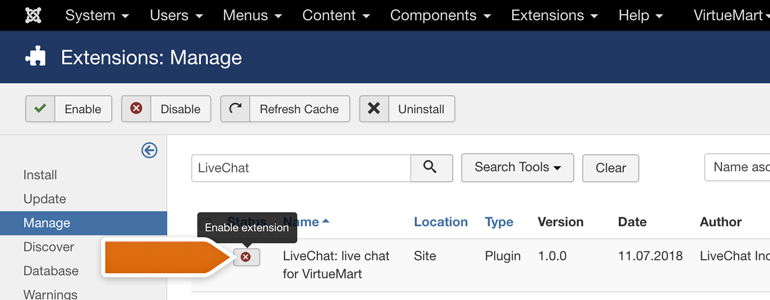 VirtueMart LiveChat: Look for LiveChat module and enable it