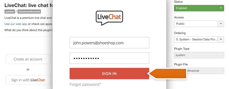 VirtueMart LiveChat: provide your LiveChat credentials and click on Sign in