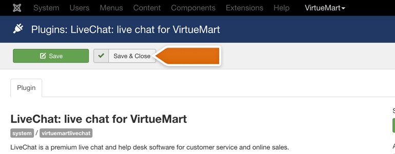 VirtueMart LiveChat: click on the Save & Close