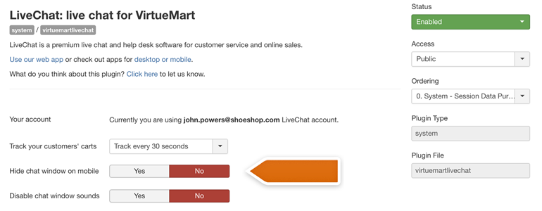 VirtueMart LiveChat: play with additional options offered by a plugin