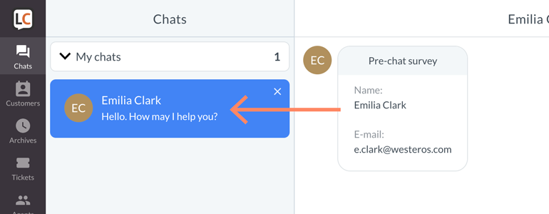 Zendesk LiveChat: choose a conversation from the list of ongoing conversations