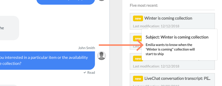 Zendesk LiveChat: hover your mouse over ticket to preview it&rsquo;s content