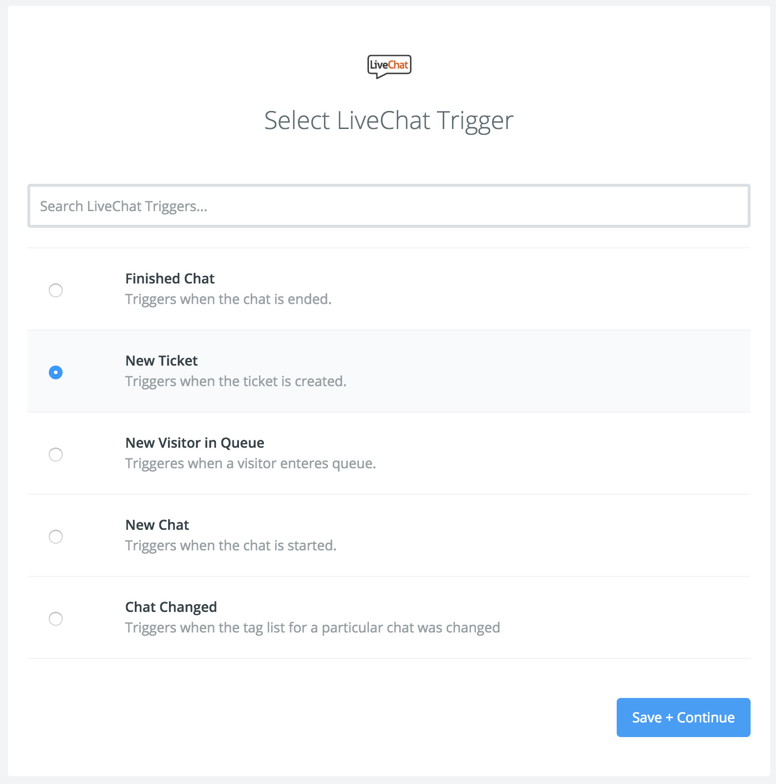 Integration with Magentrix: selecting LiveChat trigger