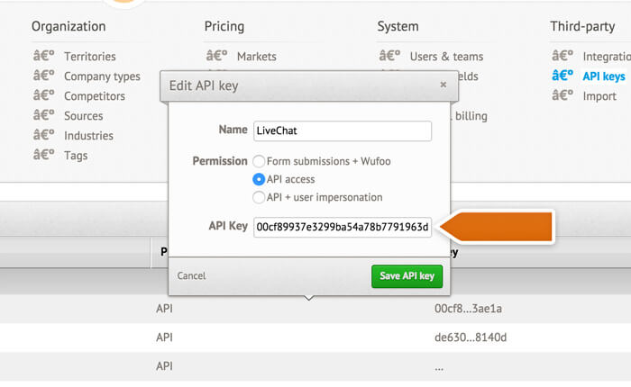 Copying the API key in Nutshell