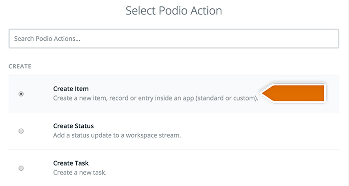 Selecting Podio action