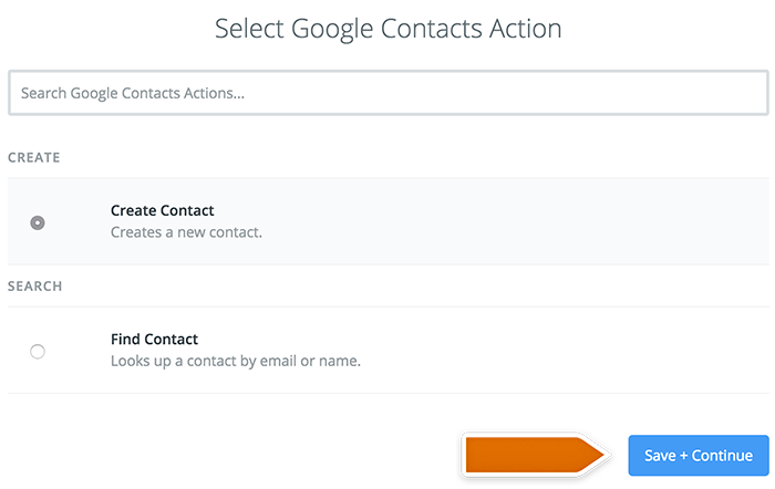 Selecting Google Contacts action