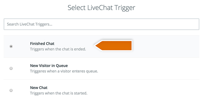 Base CRM integration: Selecting LiveChat trigger