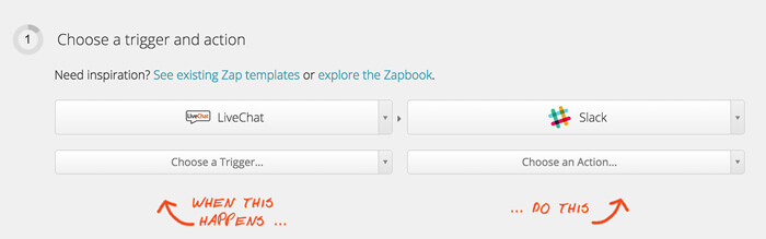 Selecting LiveChat and Slack in Zapier