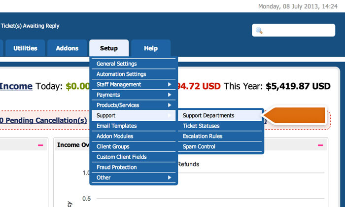 Accessing Support Departments section