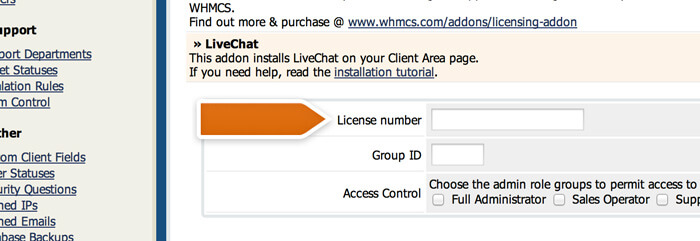 Providing your LiveChat license number